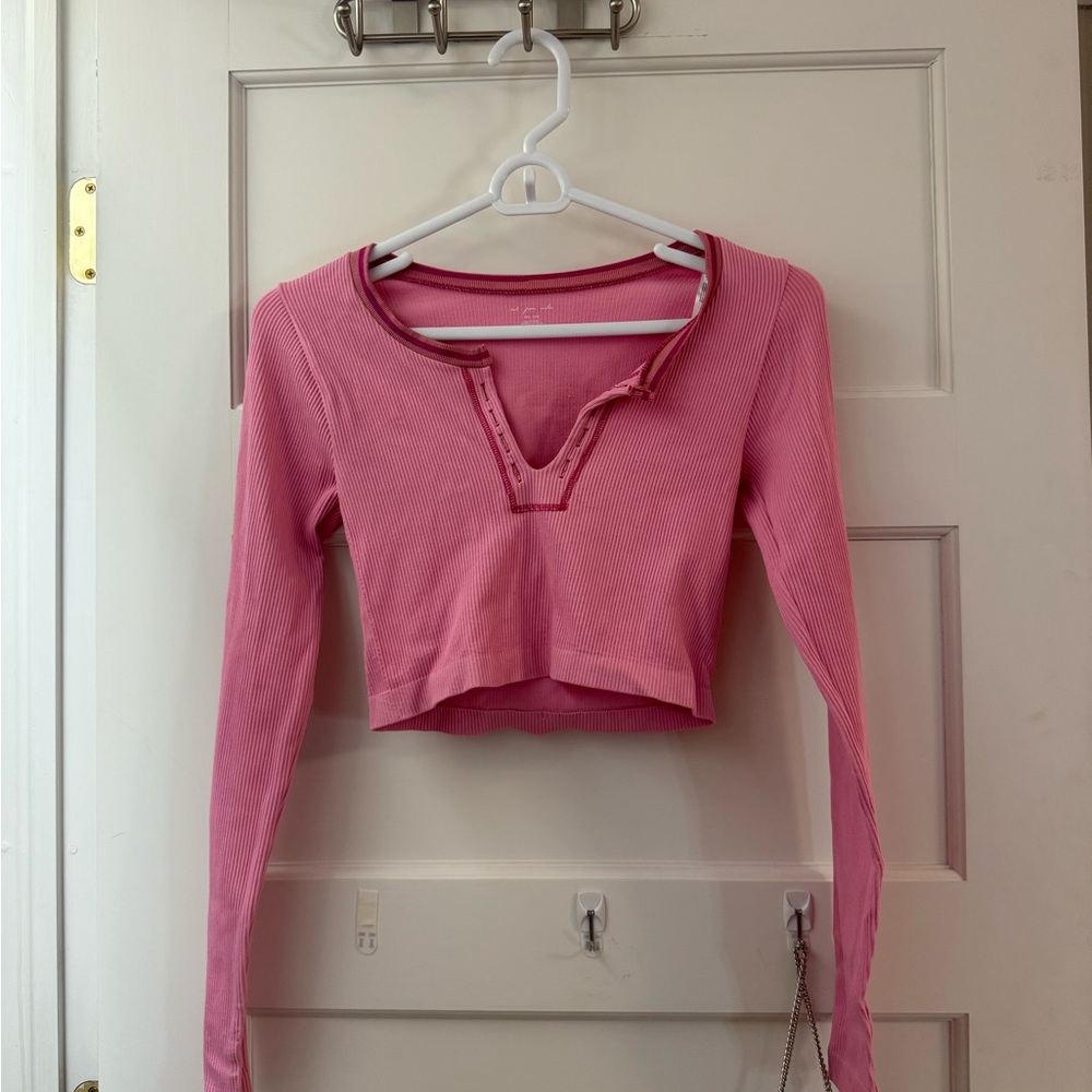Free People Pink Ribbed Long Sleeve Crop Top